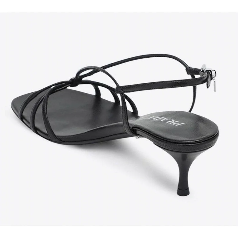 Prada Capretto Strappy 55mm Black Leather Slingback Sandal Mule Kitten Heel 38.5 - Picture 14 of 16